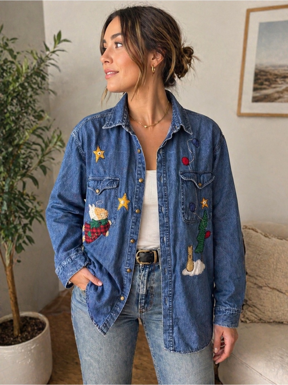 Embroidered Blue Denim Button-Down Shirt